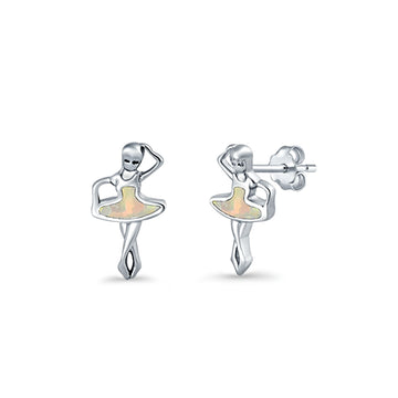 Ballet Dancer Stud Earrings Lab Created White Opal 925 Sterling Silver (11mm)